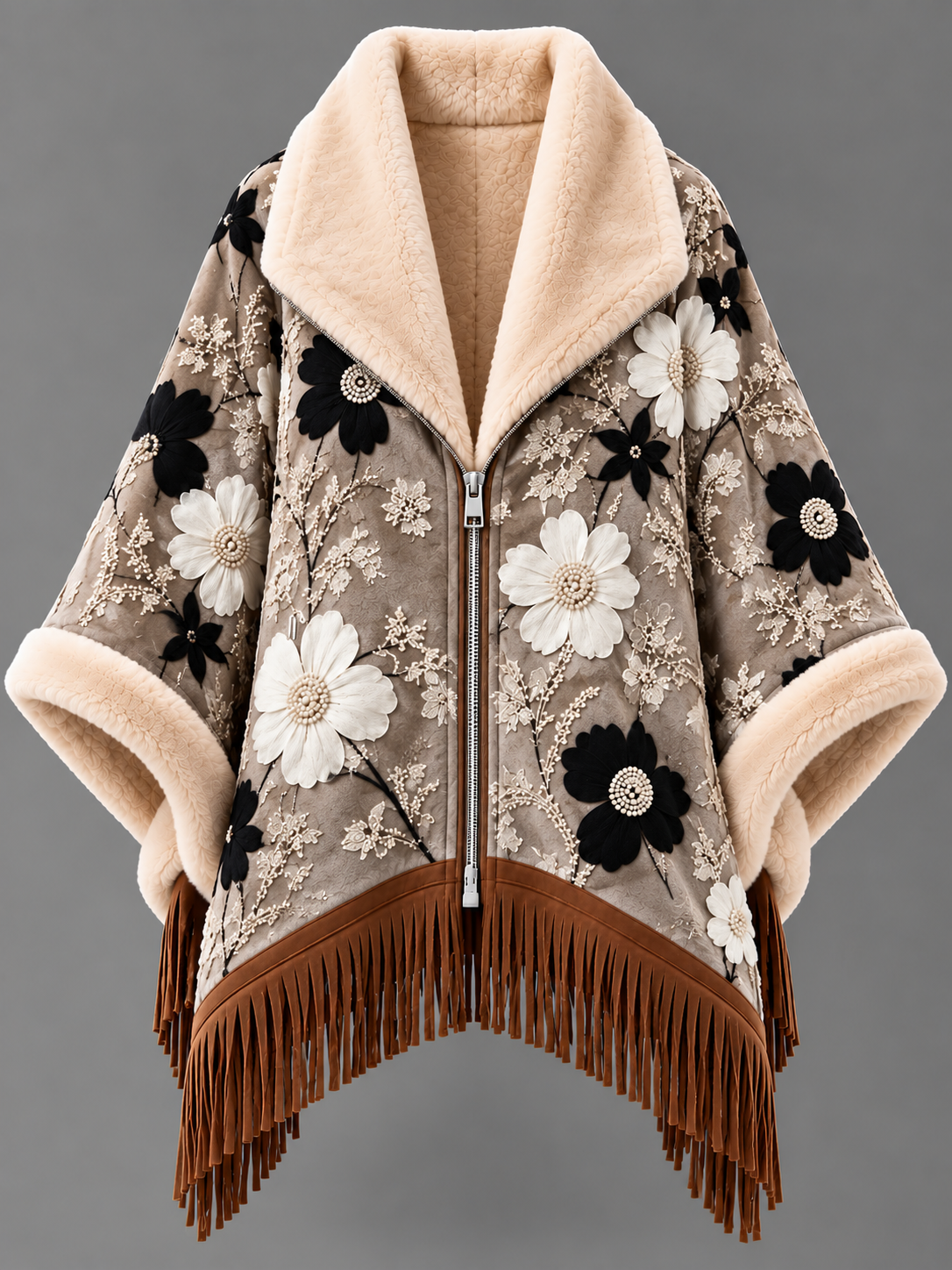 Women’s Vintage Boho Tapestry Fringe Poncho Coat